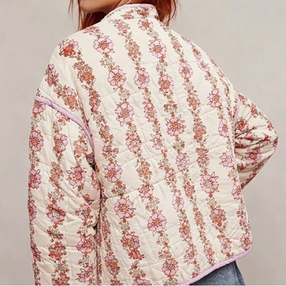 Free People Chloe Floral Jacket Pink Quilted Zip Front FP One Size XL - Picture 4 of 6